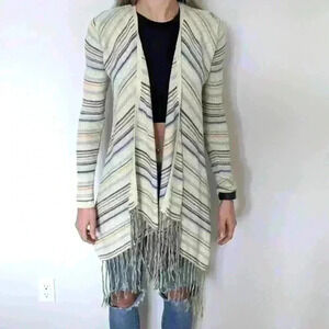 Lucky Brand, open front cardigan,beige stripped, Sz XS,  Fringe